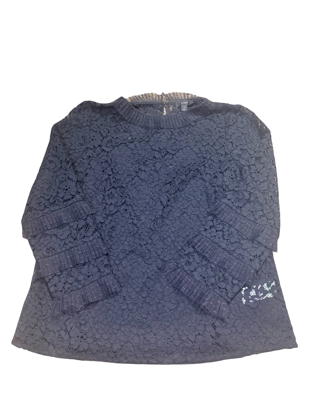 J Crew Black Lace Ruffle tiered Sleeve Top keyhole back fully lined size women M